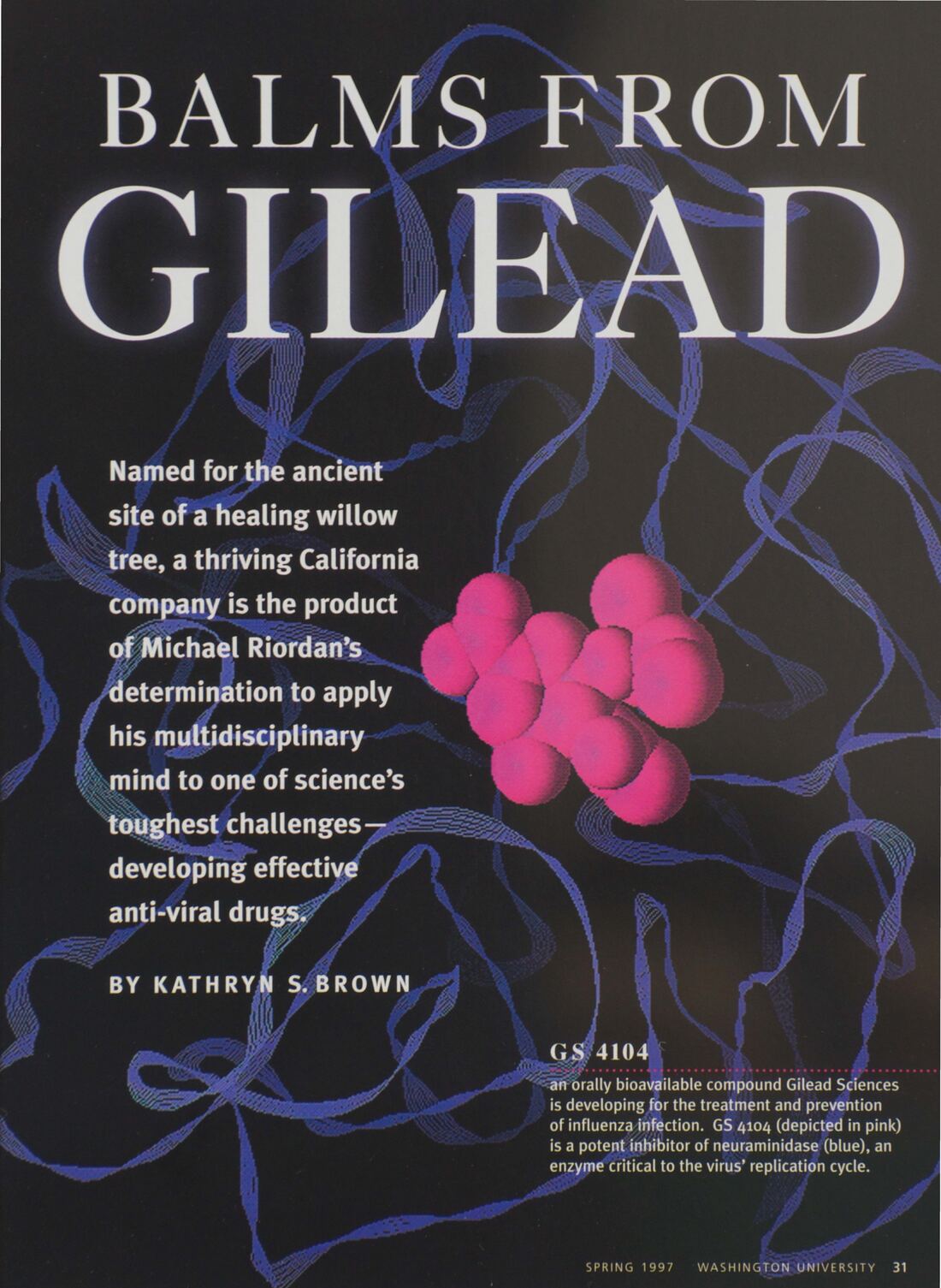 Opening page of 'Balms from Gilead', Washington University Magazine, Spring 1997: white title over dark art of blue DNA ribbons with the pink GS 4104 molecule, with the article deck, byline Kathryn S. Brown, and the GS 4104 caption.