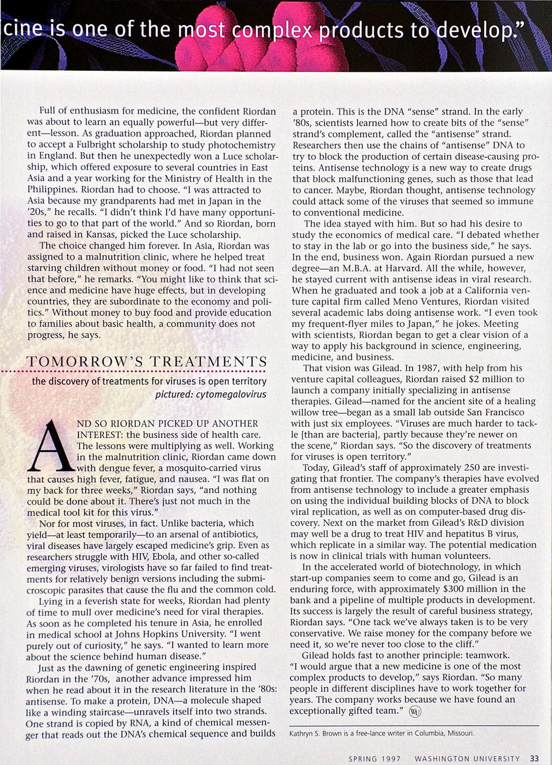 Page 33: article text in two columns with the 'Tomorrow's Treatments' crosshead over a cytomegalovirus image, the conclusion of the pull quote, and the author credit for Kathryn S. Brown.